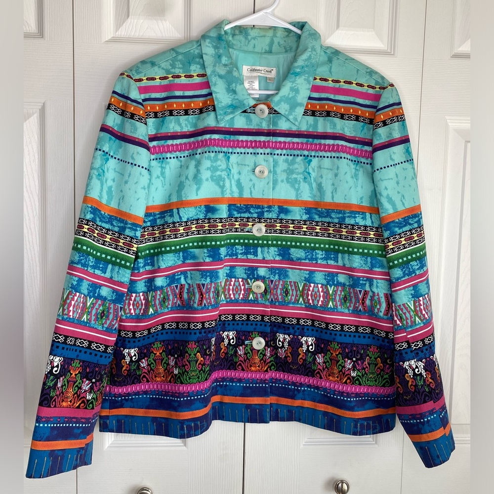 Women' Coldwater Creek Blazer Spring Aztec Geometric Multicolor Lined Sz Large